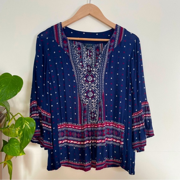 Lucky Brand Navy & Red Bell Sleeve Boho Peasant Blouse Size L - Picture 1 of 11